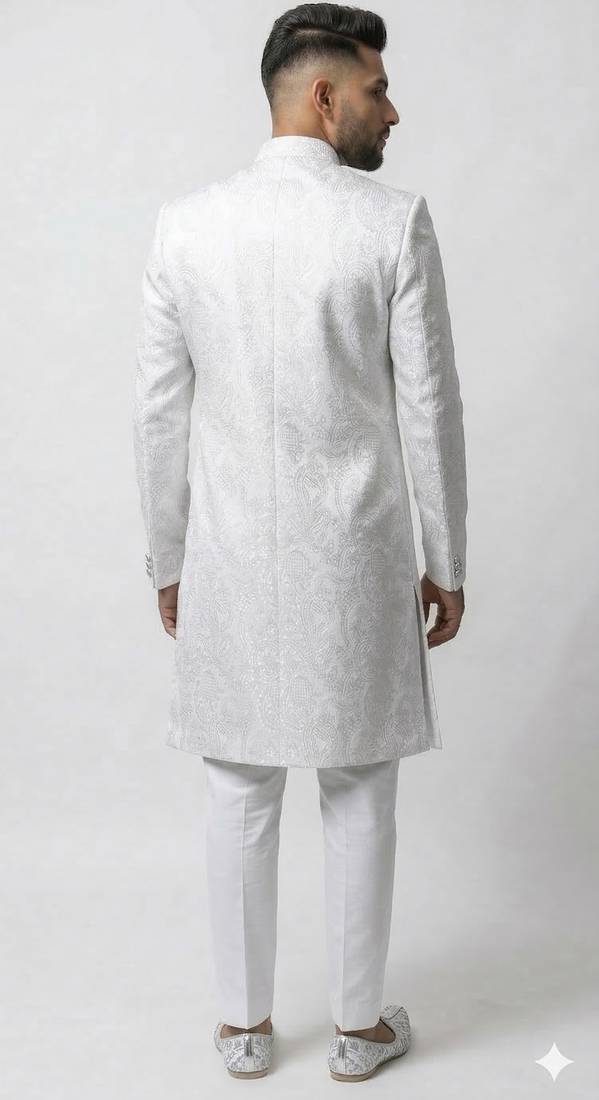 white silk sherwani set with brasso work