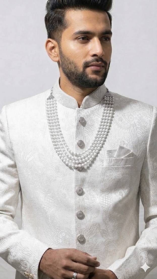 white silk sherwani set with brasso work