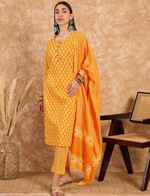 Yellow floral print cotton straight kurta pant with dupatta set 1