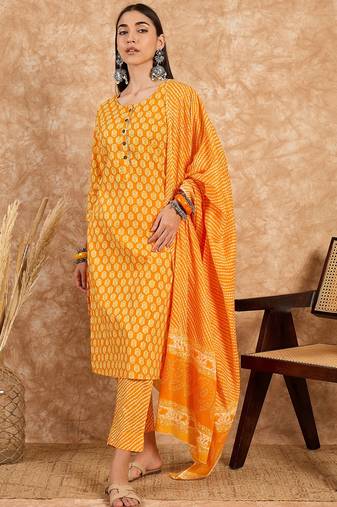 Yellow floral print cotton straight kurta pant with dupatta set