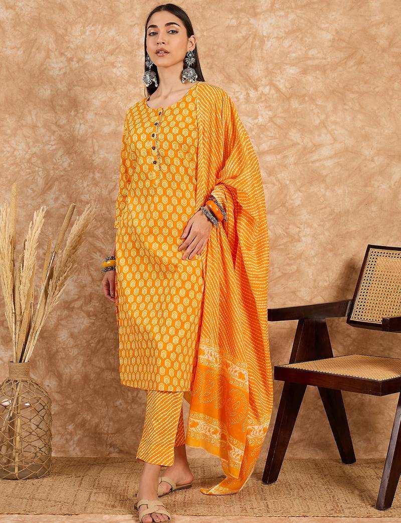 Yellow floral print cotton straight kurta pant with dupatta set