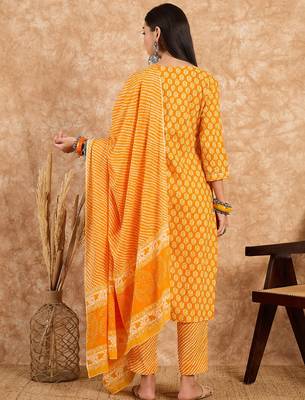 Yellow floral print cotton straight kurta pant with dupatta set 2