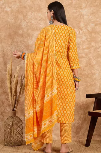 Yellow floral print cotton straight kurta pant with dupatta set