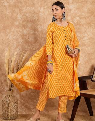 Yellow floral print cotton straight kurta pant with dupatta set 3
