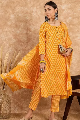 Yellow floral print cotton straight kurta pant with dupatta set