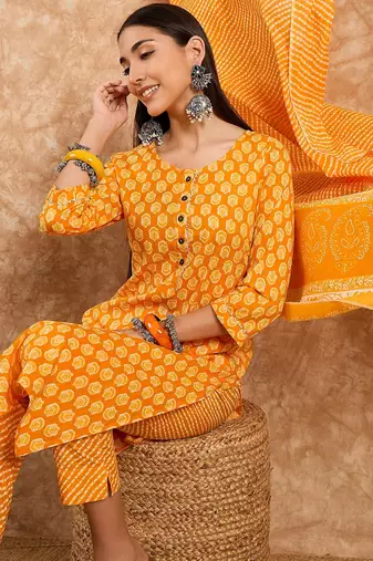 Yellow floral print cotton straight kurta pant with dupatta set