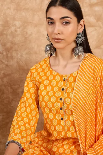 Yellow floral print cotton straight kurta pant with dupatta set