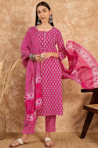 Pink floral print cotton straight kurta pant with dupatta set