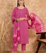 Pink floral print cotton straight kurta pant with dupatta set