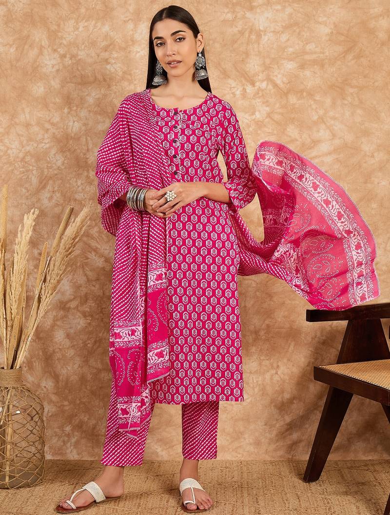 Pink floral print cotton straight kurta pant with dupatta set
