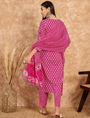 Pink floral print cotton straight kurta pant with dupatta set 2