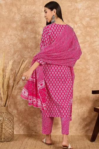 Pink floral print cotton straight kurta pant with dupatta set