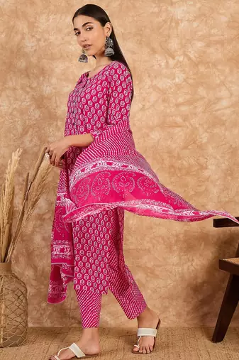 Pink floral print cotton straight kurta pant with dupatta set