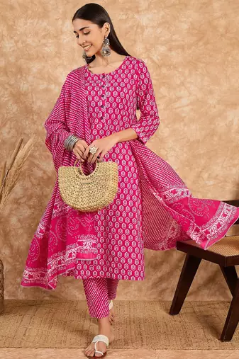 Pink floral print cotton straight kurta pant with dupatta set