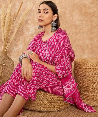 Pink floral print cotton straight kurta pant with dupatta set 5