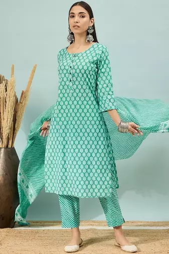 Rama green floral print cotton straight kurta pant with dupatta set
