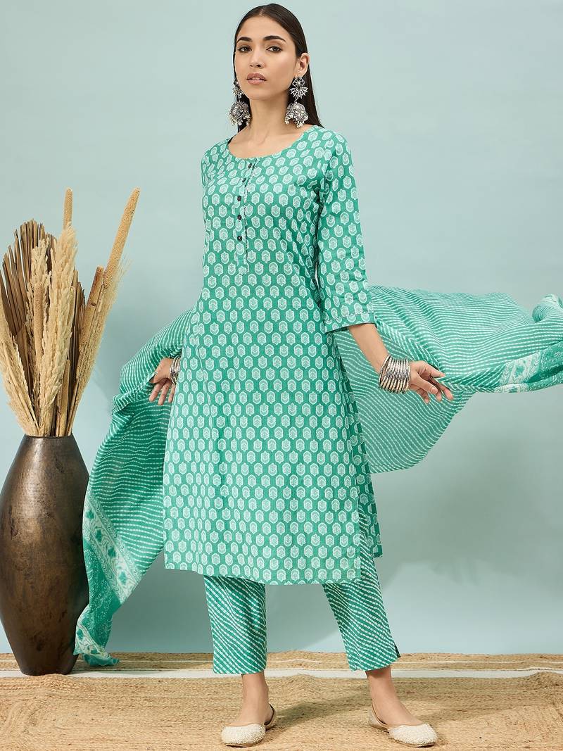 Rama green floral print cotton straight kurta pant with dupatta set