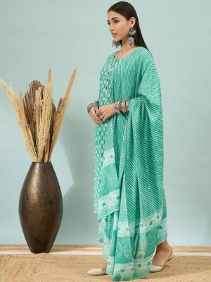 Rama green floral print cotton straight kurta pant with dupatta set 2