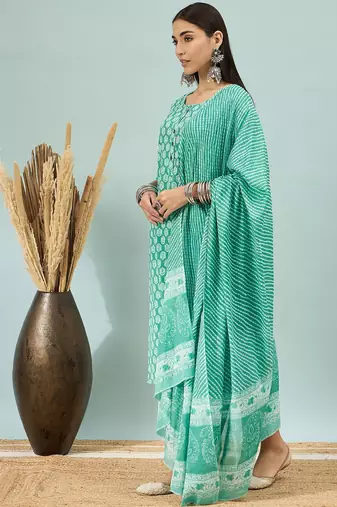 Rama green floral print cotton straight kurta pant with dupatta set