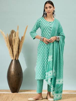 Rama green floral print cotton straight kurta pant with dupatta set 3