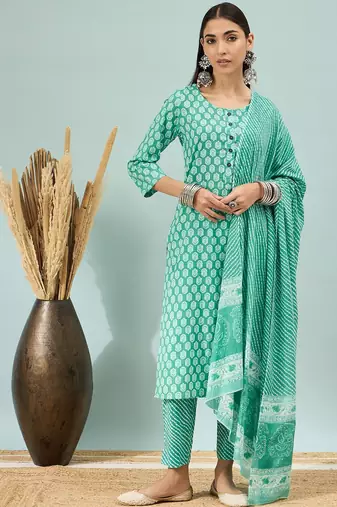 Rama green floral print cotton straight kurta pant with dupatta set