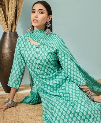 Rama green floral print cotton straight kurta pant with dupatta set 4