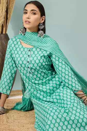 Rama green floral print cotton straight kurta pant with dupatta set