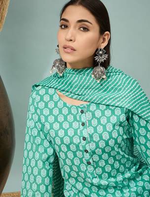 Rama green floral print cotton straight kurta pant with dupatta set 5