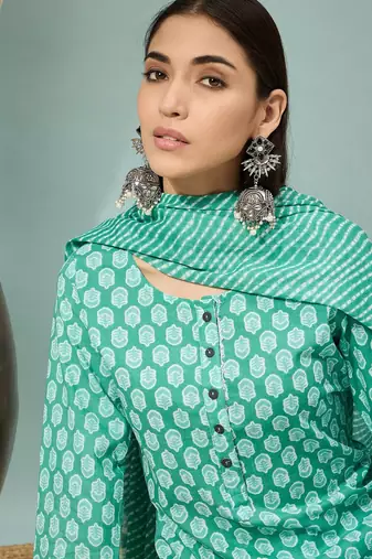 Rama green floral print cotton straight kurta pant with dupatta set