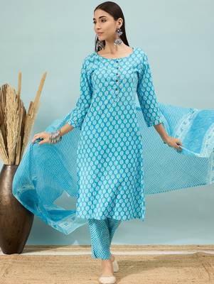 Sky blue floral print cotton straight kurta pant with dupatta set 1