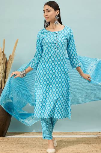 Sky blue floral print cotton straight kurta pant with dupatta set