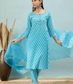Sky blue floral print cotton straight kurta pant with dupatta set