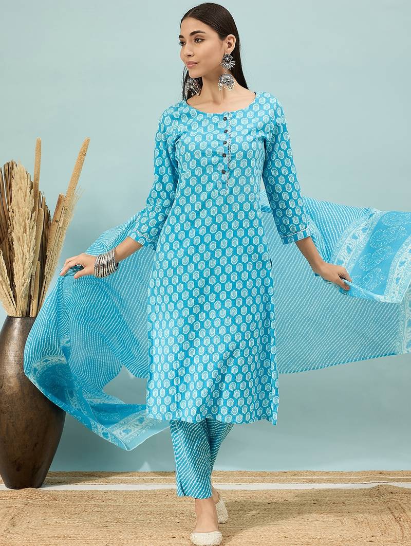 Sky blue floral print cotton straight kurta pant with dupatta set