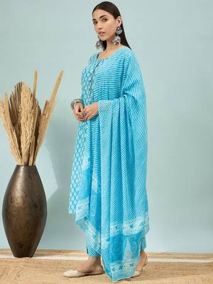 Sky blue floral print cotton straight kurta pant with dupatta set 2