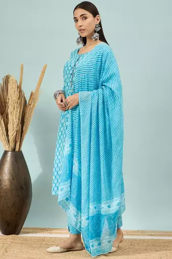 Sky blue floral print cotton straight kurta pant with dupatta set