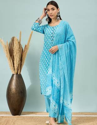 Sky blue floral print cotton straight kurta pant with dupatta set 3