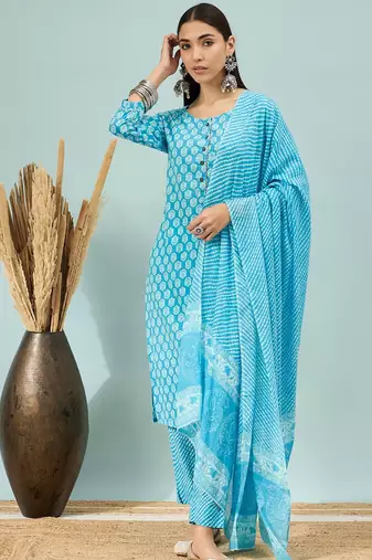 Sky blue floral print cotton straight kurta pant with dupatta set