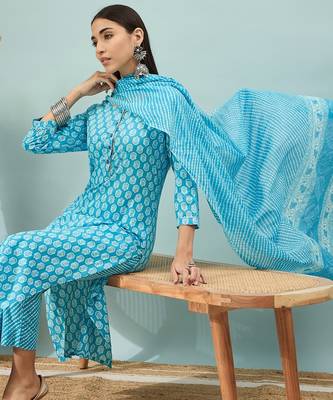 Sky blue floral print cotton straight kurta pant with dupatta set 4