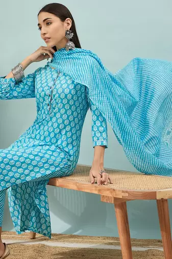 Sky blue floral print cotton straight kurta pant with dupatta set