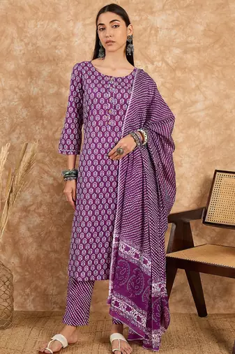 Purple floral print cotton straight kurta pant with dupatta set