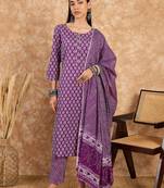 Purple floral print cotton straight kurta pant with dupatta set