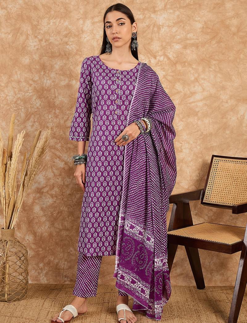 Purple floral print cotton straight kurta pant with dupatta set