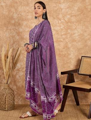 Purple floral print cotton straight kurta pant with dupatta set 2