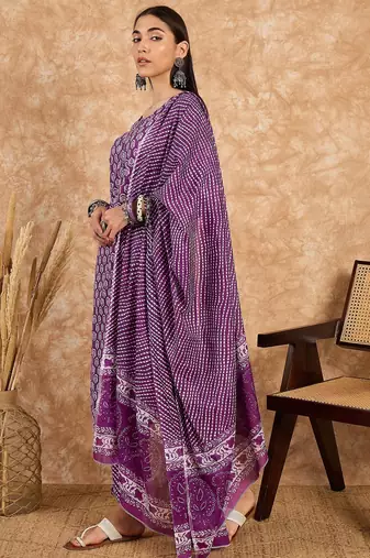 Purple floral print cotton straight kurta pant with dupatta set