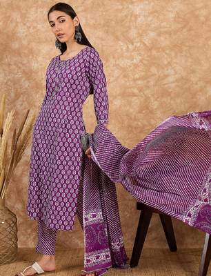 Purple floral print cotton straight kurta pant with dupatta set 3