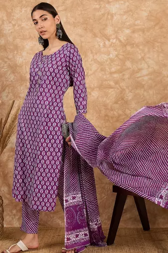 Purple floral print cotton straight kurta pant with dupatta set