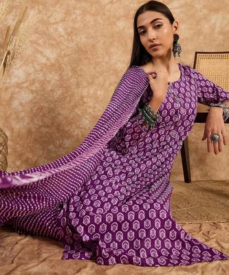 Purple floral print cotton straight kurta pant with dupatta set 4