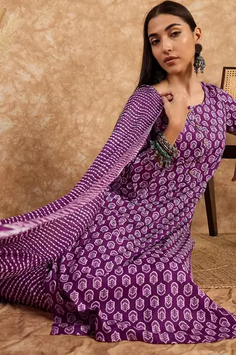 Purple floral print cotton straight kurta pant with dupatta set