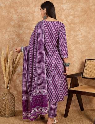 Purple floral print cotton straight kurta pant with dupatta set 5