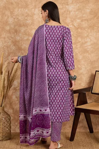 Purple floral print cotton straight kurta pant with dupatta set